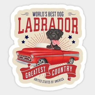 classic truck with red white and blue Black Labrador Retriever in Red Truck Sticker